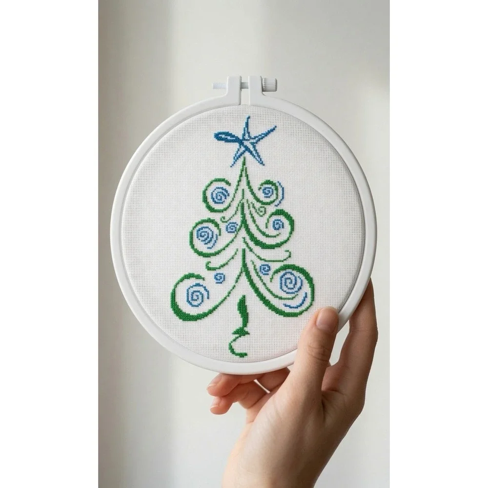 Whimsical Christmas Tree Modern Cross Stitch Pattern Green Blue Star